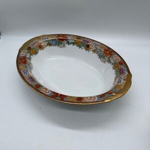 Japanese Porcelain Oval Serving Bowl 10.75" Floral Gilt Rim Hand Painted Flowers